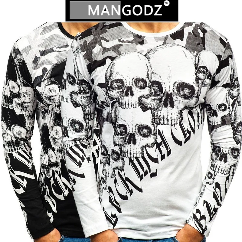 

Men's Long Sleeve T-shirts 2021 Autumn Fashions Skulls Print Sportswear Casual Cotton Male Clothing Round Neck Sudadera Hombre