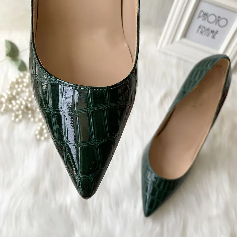 Женские туфли с острым носком темно-зеленые туфли-лодочки на высоком каблуке 12 см