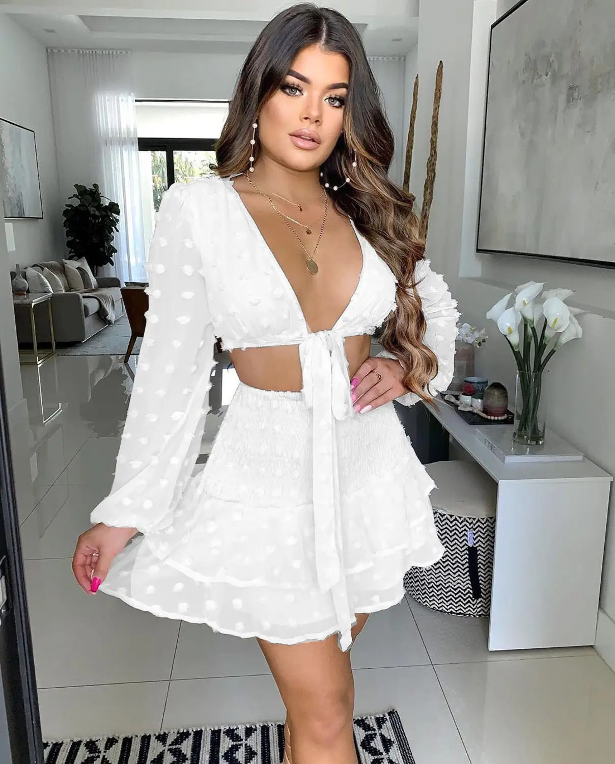 

Ladies Fashion Mesh Lace Two-piece Long-sleeved Cardigan Slim-up Upper Outer Garment Short Skirt Suit Beach Nightclub Apparel