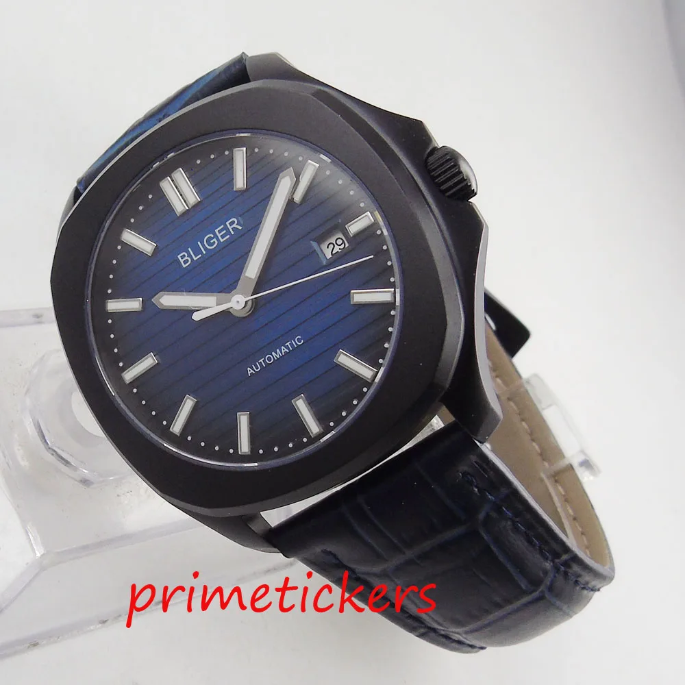 

Blue dial PVD coated case automatic men's watch simple luxury 39mm BLIGER date sapphire glass leather strap