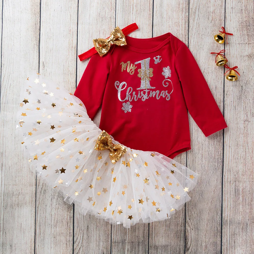 Детское рождественское платье для маленьких девочек, комплект одежды, комбинезон, топ, платье-пачка, повязка на голову, комплект изысканной одежды