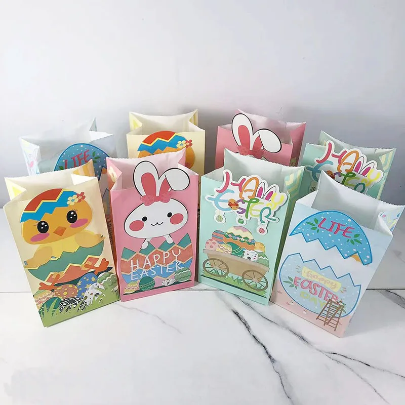 

12/24pcs Easter Decorations Candy Bags Baby Shower Birthday Party Cookie Bags Food Cracker Paper Bag With 3D Cards Dropshipping