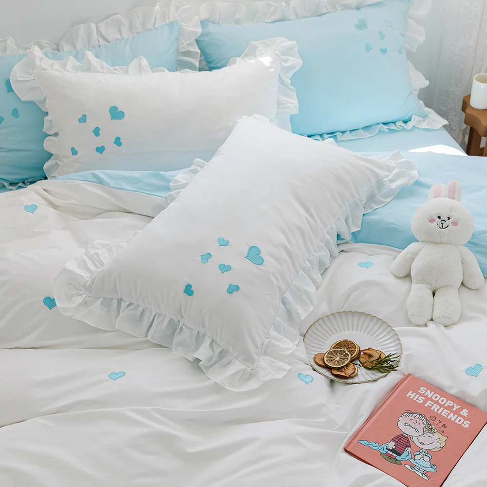 

Summer small fresh washed cotton four-piece embroidery princess style girl heart bed sheet quilt pillowcase
