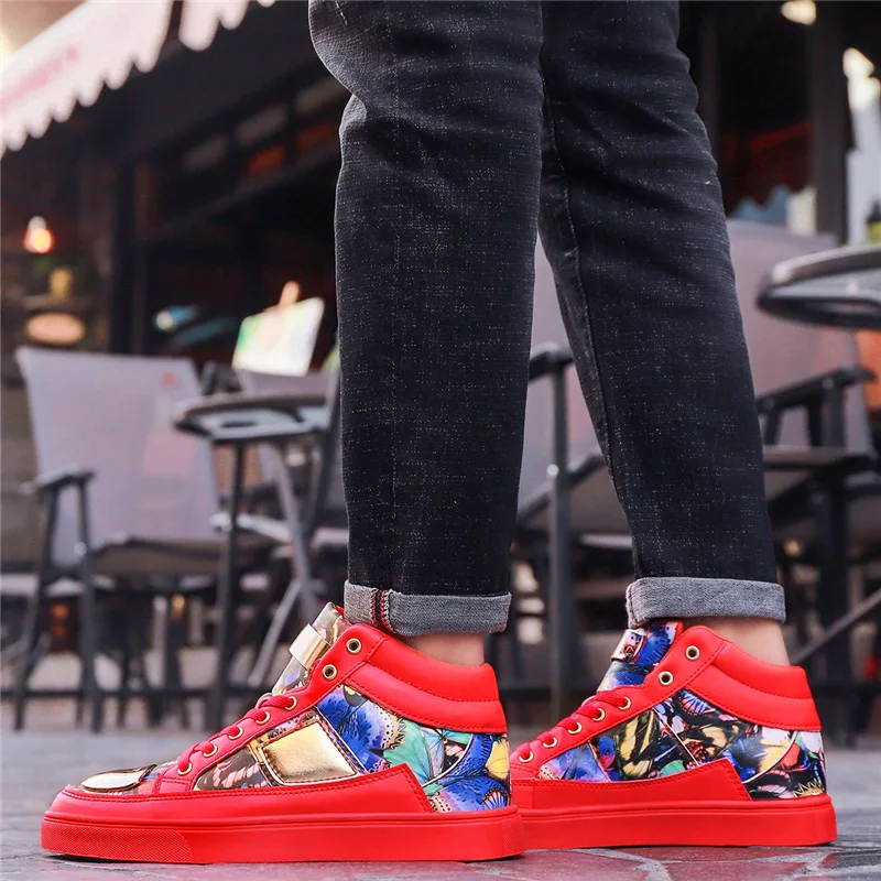 Fashion Red Graffiti Printed Glitter Shoes Men Sneakers Casual High top Hip-hop Shiny Metal Man 2020 Footwear | Обувь