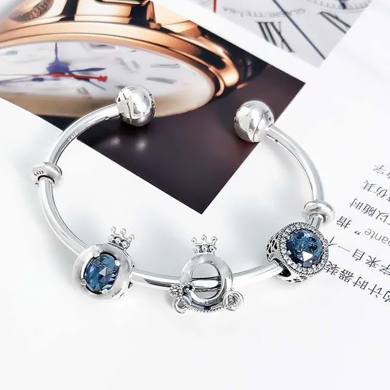 

Genuine 925 Sterling Silver Fashion Crown Pumpkin Car Beads With Open Round Bracelet Fit Original Pan Charm Diy Jewelry