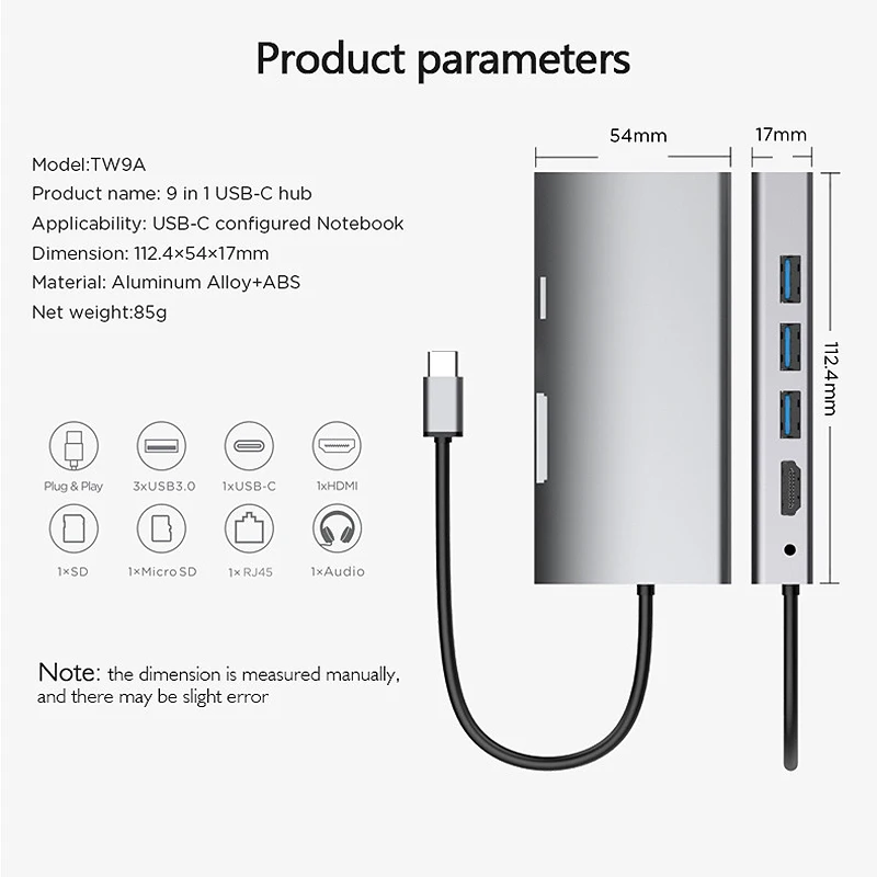 

9 in 1 USB C Hub /Type C Data Hub with 9-Port 3 USB 2.0 + TF +Micro-SD +4K HDMI + RJ45 + 3.5mm Audio + Type C PD Ports
