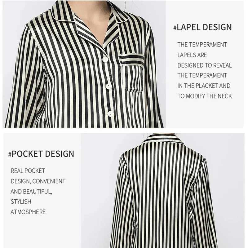 QWEEK Striped Silk Like Pajamas for Women Autumn Brief Bedroom Set 2 Piece Pijamas Female Sleepwear Pink Black Loungewear Pyjama