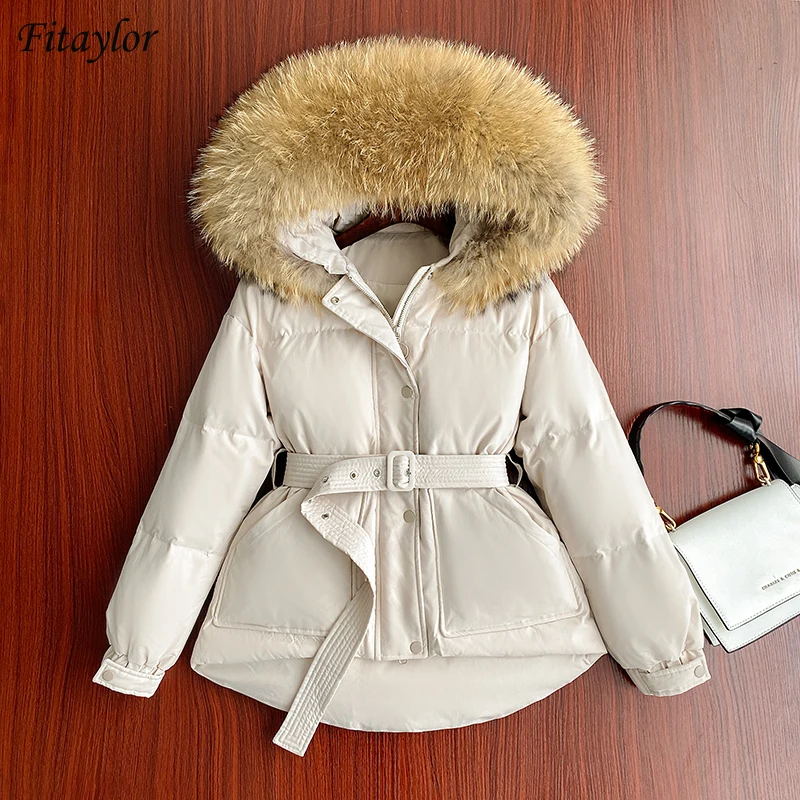 Fitaylor Winter Large Natural Real Fur Collar Hooded Feather Jacket Women Slim Warm Down Coat Thickening Short Outwear with Belt | Женская