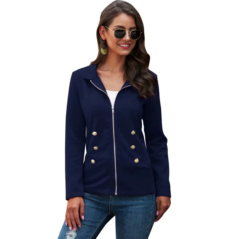 

Autumn New Jacket Coat For Women Vintage Long Sleeve Stand Collar Zipper Office Lady Tops Casual Jackets Feminine