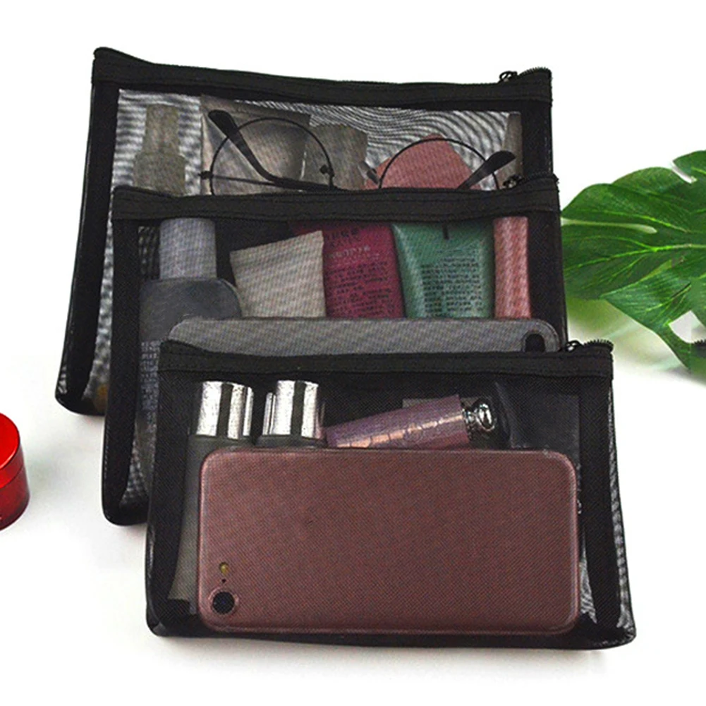 

Portable Cosmetic Bag Black Transparent Mesh Storage Pouch Travel Organizer Toiletry Bag Zipper Cosmetic Organizer Makeup Bag
