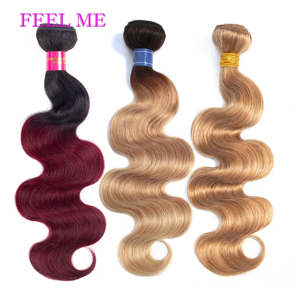 

FEELME 1b/99j Ombre Peruvian Body Wave Hair Weave Bundles 1 Bundle #27 Honey Blonde Body Wave Human Hair Remy Hair Extensions