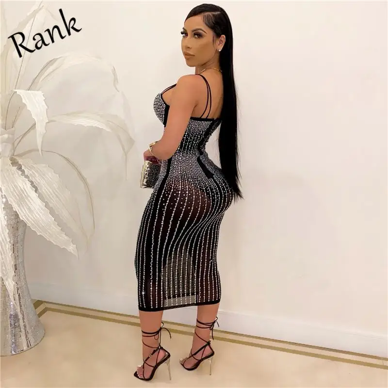 

Rank Summer 2021 Women's Rhinestone Low Waist Mid-Length Spaghetti Straps Skinny Sequin Dress Women's Sexy Club Party Dress