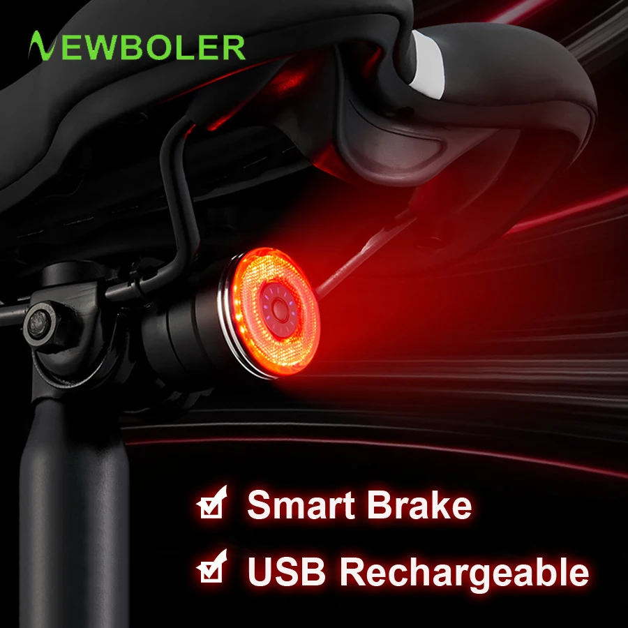 

NEWBOLER Smart Bicycle Rear Light Auto Start/Stop Brake Sensing IPx6 Waterproof USB Charge Cycling Tail Taillight Bike LED Light