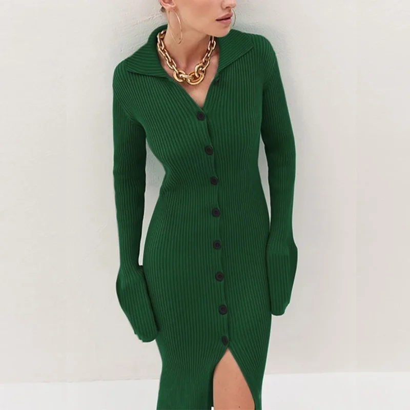 

Plus Size Women Sweater Dress Green Sexy Knitted Dress Long Sleeve Bodycon Dress Pit Lapel Long Dresses Casual Midi Party Dress