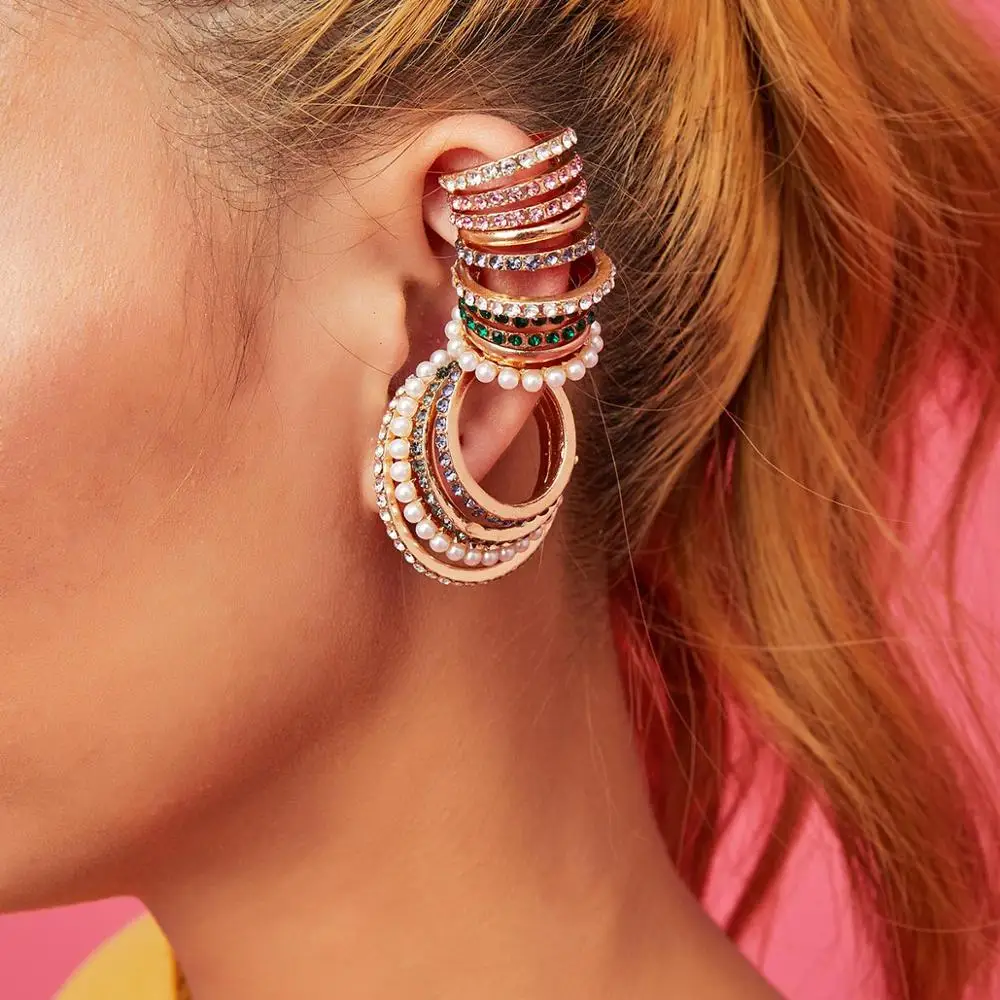 

SHIXIN Boho Colorful Crystal Ear Cuff Earring Set Fashion Pearl Full Rhinestone Ear Clip Without Puncture Fake Earring for Women