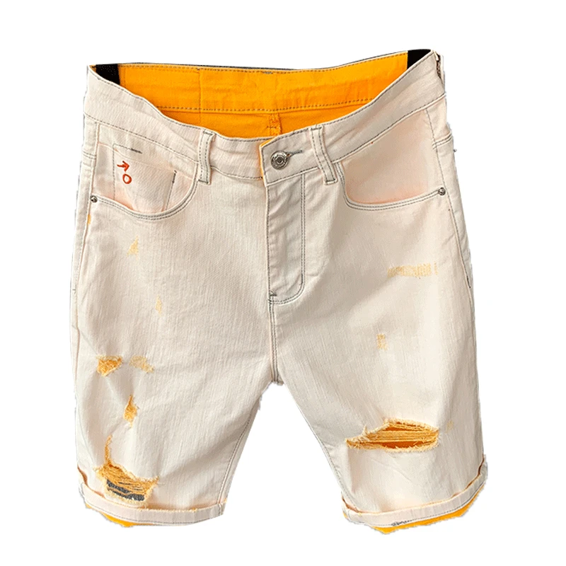 

Luren 2021 Summer New White Denim Shorts Fashionable Ripped Cropped Pants Stretch Khaki Slim Fit Men's Breeches