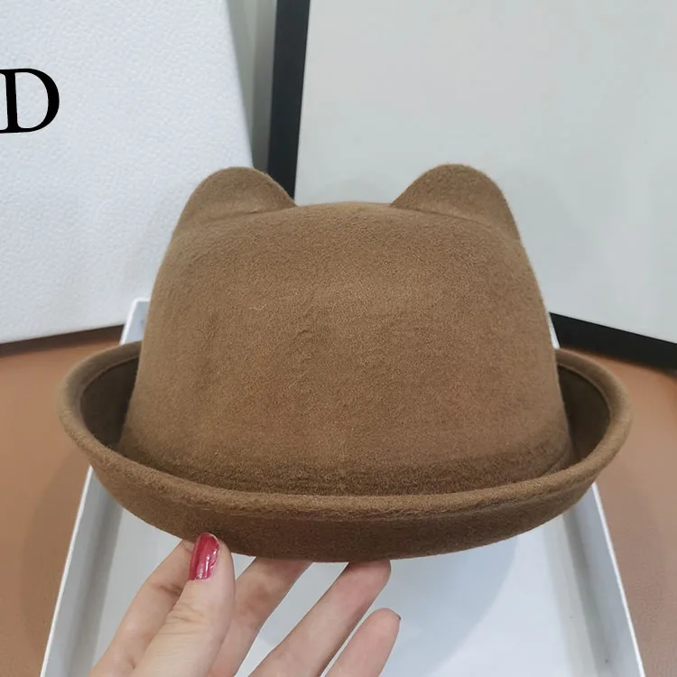 

HT491 Fashion Parent-child bowler hat felt Fedora hats for Women Girls Children solid Cat Ear formal cap trilby Sombrero Derby