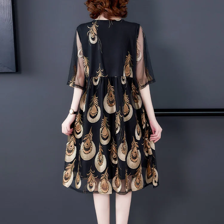

2020 New Summer Middle Aaged Women Mother Fashion Midi Dress Female Embroidery Causal Plus Size 4xl Dresses Vestitos W189