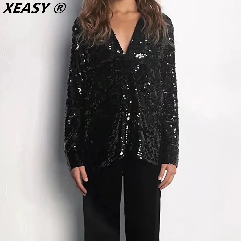 

Женская рубашка с блестками XEASY, модная винтажная блузка черного цвета с длинным рукавом, Элегантная блузка большого размера на пуговицах, ...