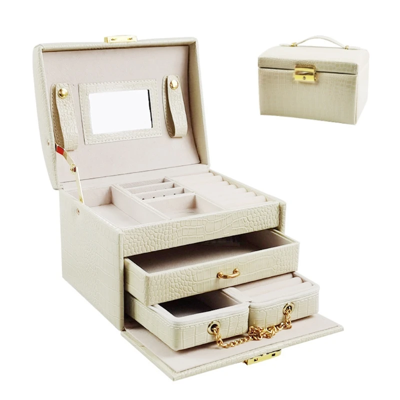 

Lockable Jewelry Box Necklace Ring Storage Organizer Leather Large Jewel Case P9YF