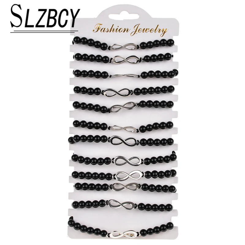 12 шт./лот Набор браслетов с черными бусинами регулируемые плетеные браслеты
