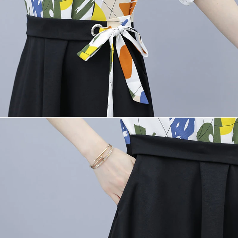 

Fake Two Shirt Dress Women Plus Size Patchwork Lace-Up Office Lady Elegant Long Sleeve Thin Print Dresses Spring Summer Clothing