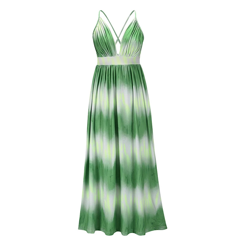 

Striped print dress summer new style beach sexy V-neck suspender long dress plus size women's clothing