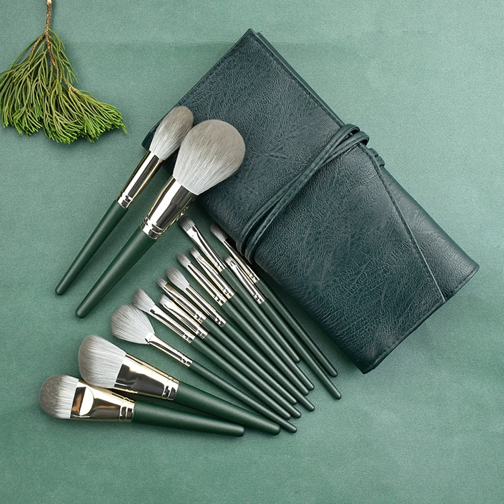 

14PCS High End Animal Hair Makeup Brushes Set Green Complete Kit Cosmetics Eye Concealer Powder Blush Brush Makeup Artist Tool