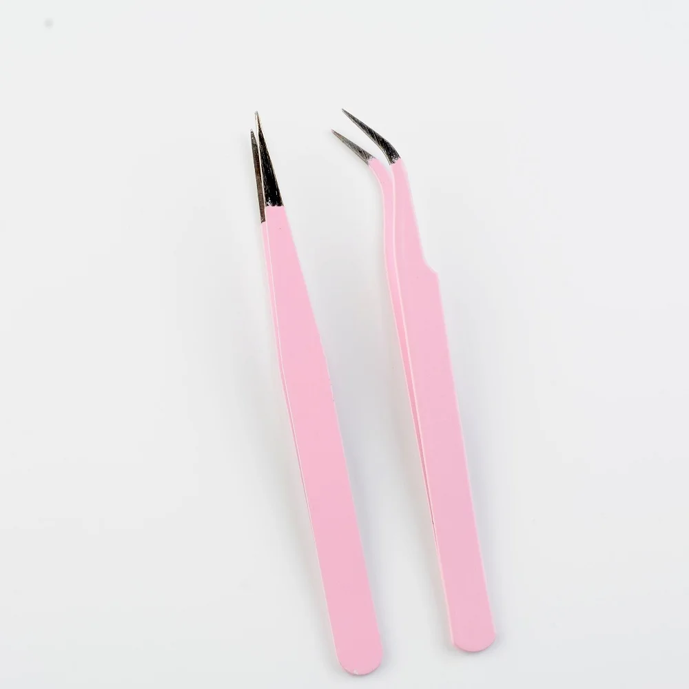 

New 2PCS or 1PC New 2PCS Stainless Steel Pink Straight + Bend Tweezer For Eyelash Extensions Nail Art Nippers