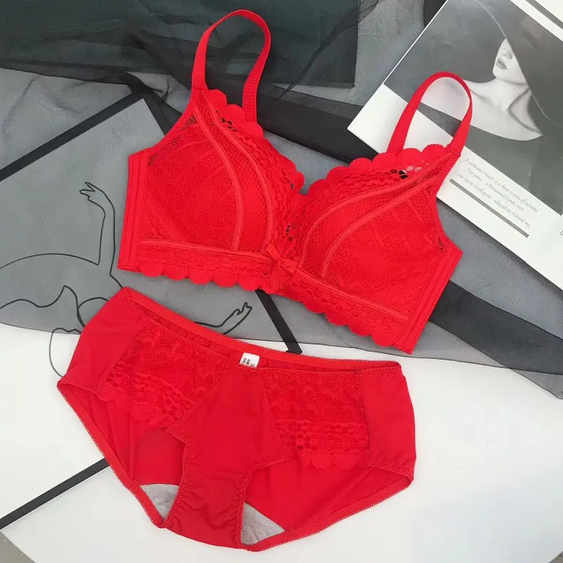 Женское Бесшовное нижнее белье бюстгальтер с кружевным бантиком и трусики чашка