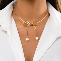 lacteo elegant imitation pearl bowknot pendant necklace for women fashion gold color flat snake chain neck jewelry gifts 2022
