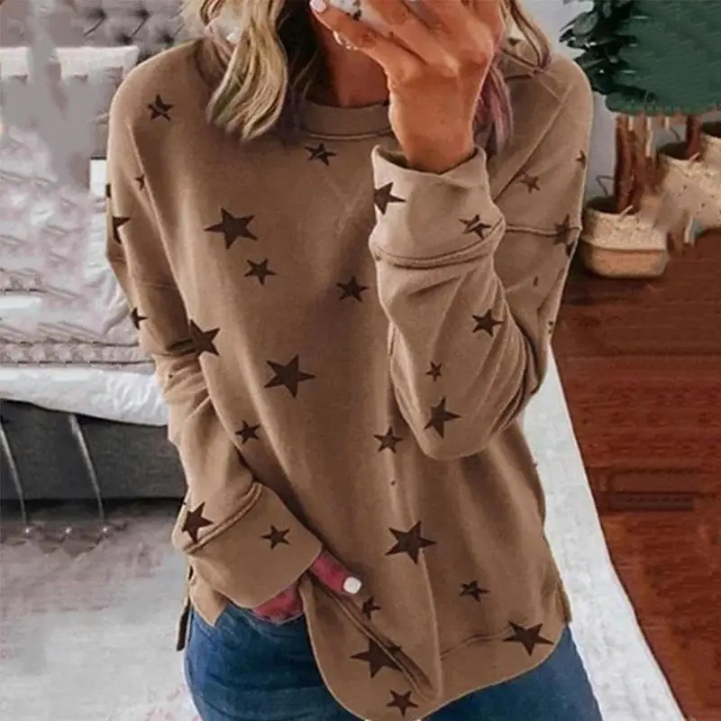 

Autumn 2020 New Round Neck Five-pointed Star Printed Sweater Long-sleeved Top Loose Hooded Ladies Five-pointed Star Printed Swea