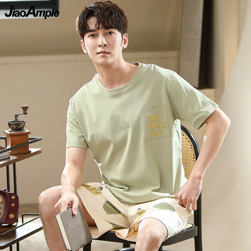 2022 New Cotton Pajamas Men's O-Neck Short-Sleeved Pyjamas Suit Summer Thin Casual Sleepwear Nightie Boy Home Clothes