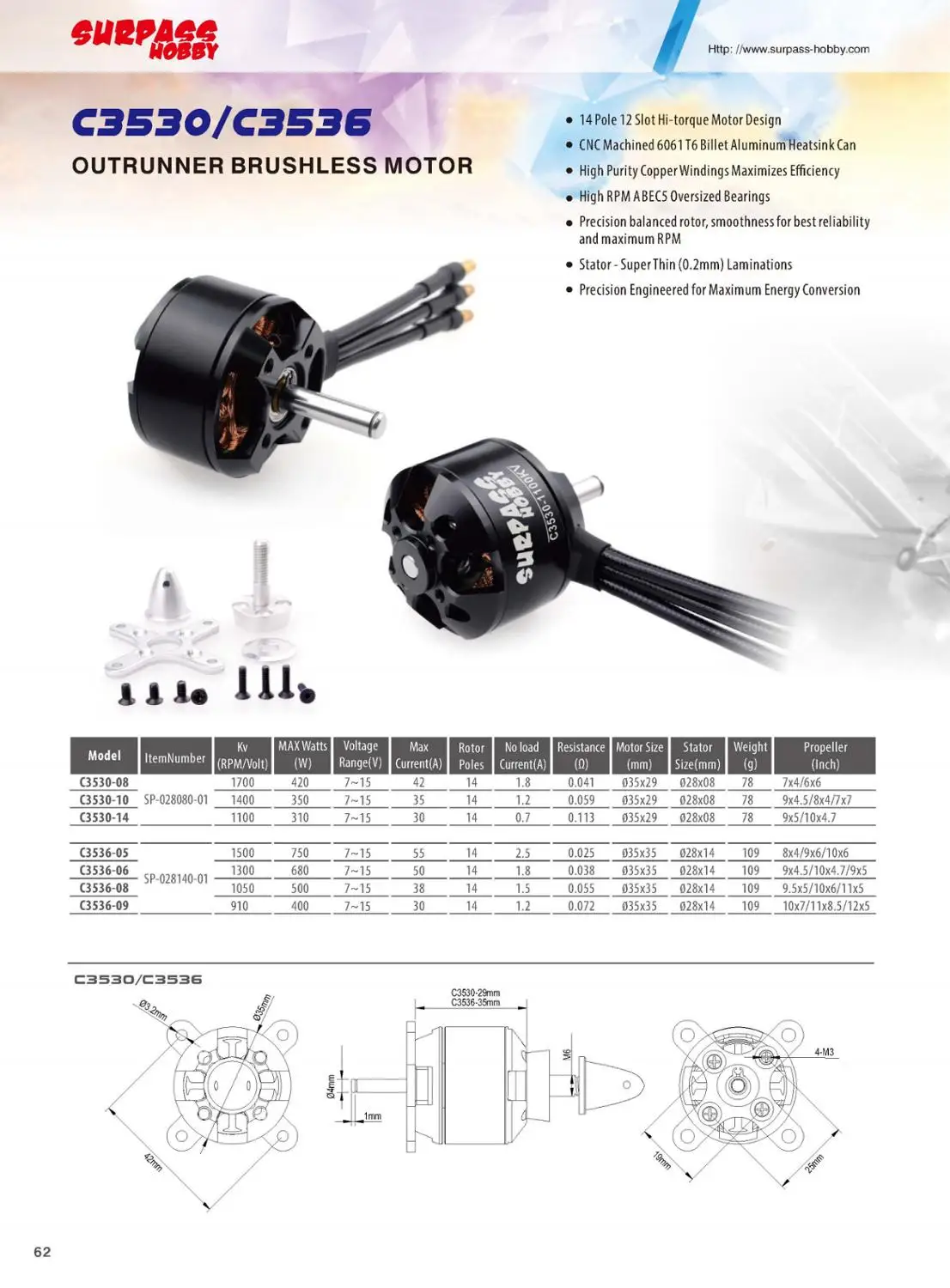 Surpass Hobby C3530 Brushless Motor 2808(3530) 1100KV 1400KV 1700KV 14Poles for Rc Airplane Fixed-wing Remote Control Part | Игрушки и