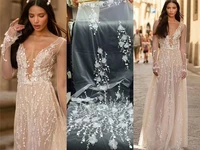 New Tulle Embroidered 3D Beaded flower net Lace Fabric For Wedding dress fabric 10YARDS