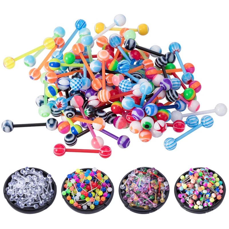 

9-24pcs Flexible Tongue Ring Stud Nipple Piercing Barbell Bar Acrylic Ball Cartilage Helix for Women Mix Color Body Jewelry 14G