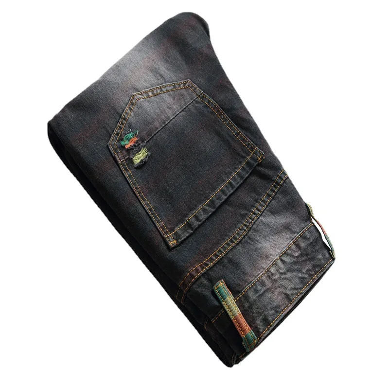 

Fashion Men's Jeans High Street New Large Size Non-elastic Black Holes Mid-waist Denim Trousers Striped Straight Jeans for Men