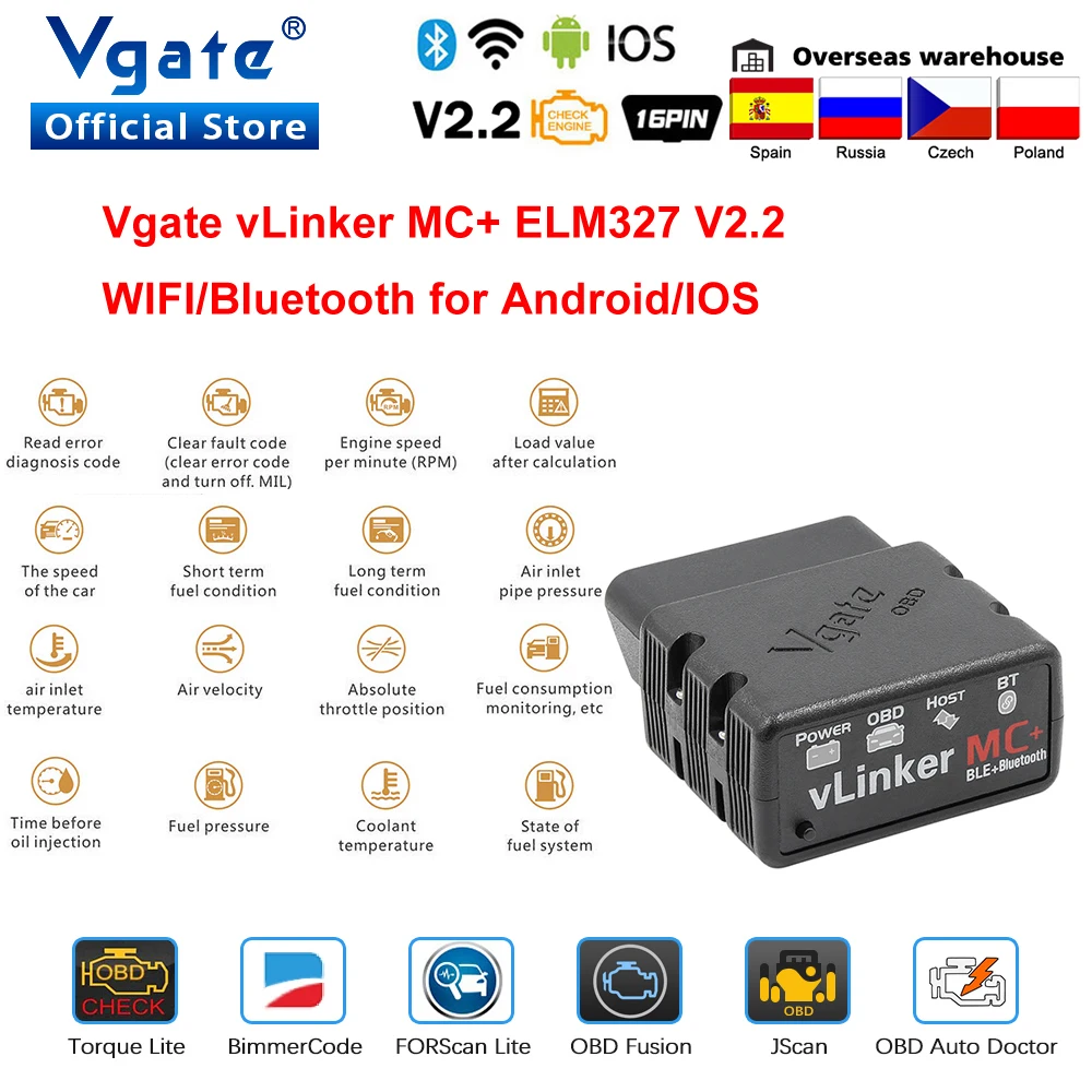 Vgate vLinker MC+ ELM327 Bluetooth 4.0 OBD 2 OBD2 Scanner WIFI ELM 327 Work for BimmerCode FORScan For Android/IOS PK OBDLINK