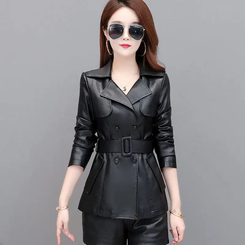 

Plus Size Leather Jacket Women's Short Windbreaker Slim Fit Suit Collar Office Outerwear With Belt Spring and Autumn Coat Y070
