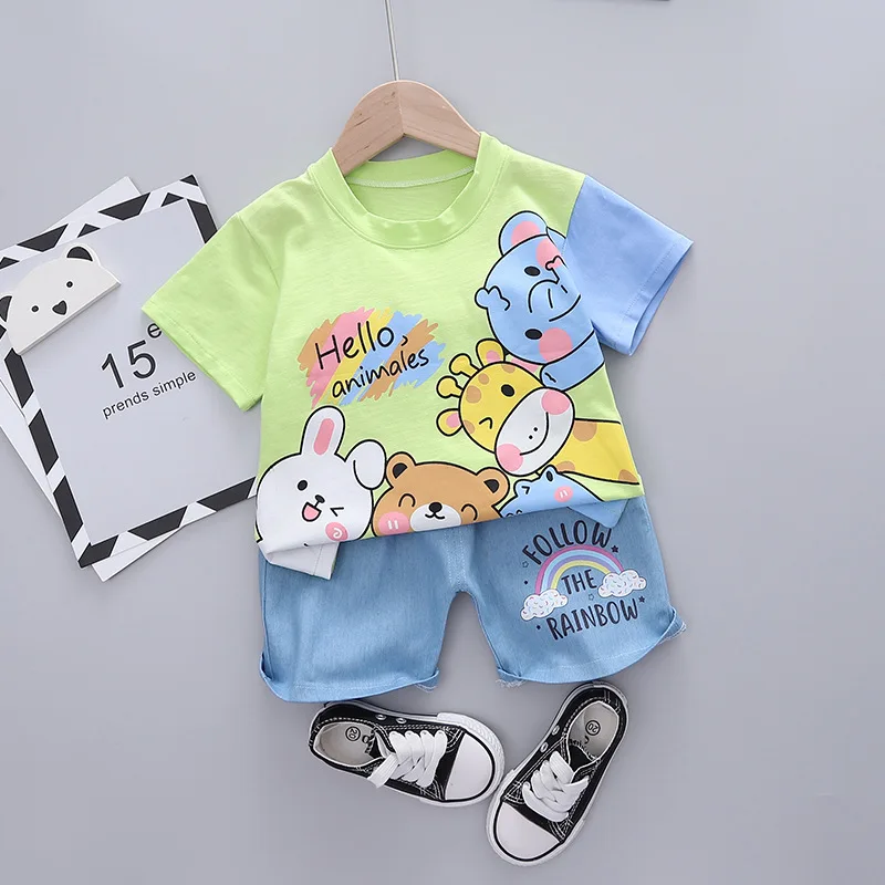 

Summer Baby Girls Lovely Fashion Clothes Sets Kids Cartoon Animal T-Shirt+Rainbow Print Shorts Toddler Boys Clothing Suits
