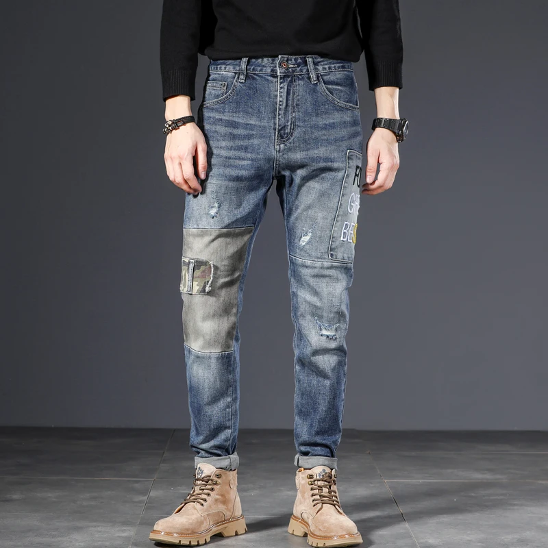 

Street Style Fashion Men Jeans Retro Blue Elastic Slim Spliced Designer Ripped Jeans Men Embroidery Patches Hip Hop Denim Pants