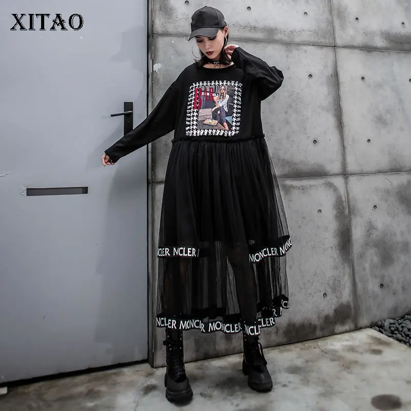 XITAO Tide Сетчатое платье средней длины в стиле пэчворк с буквенным принтом и круглым вырезом с длинными рукавами, модное свободное Повседневное платье больших размеров для женщин ZYQ1947
