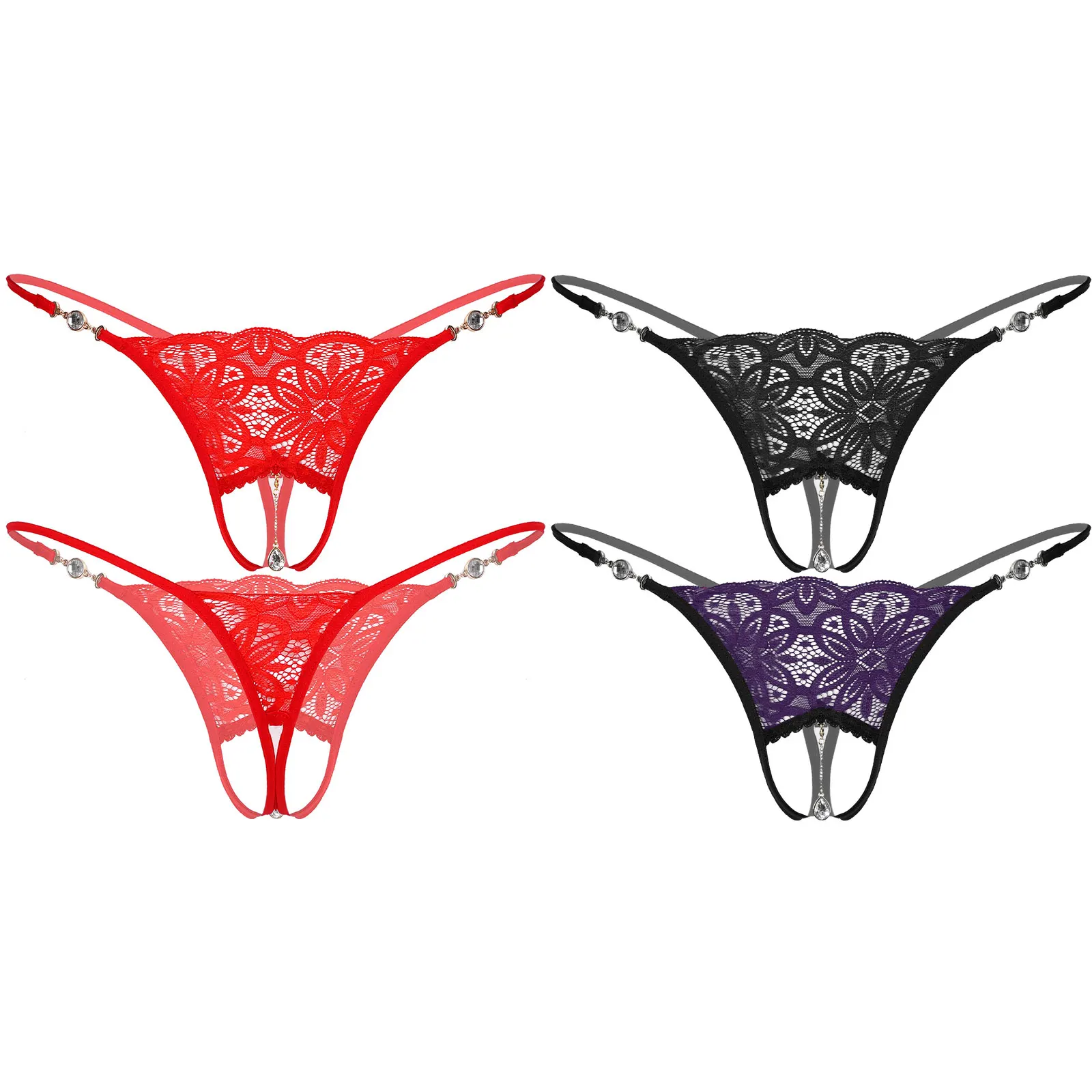 

Men Rhinestone Pendant Floral Lace G-String Breathable Comfortable Low Rise Crotchless Thongs T-Back Sissy Lingerie Underwear