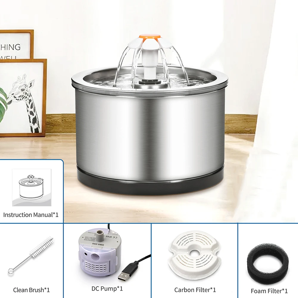

Pet Fountain Cat Water Dispenser Feeder 4-stage Filter Stainless Steel Drinking Fountain 2.5L Capacity 3 Flows Quiet Water Pump
