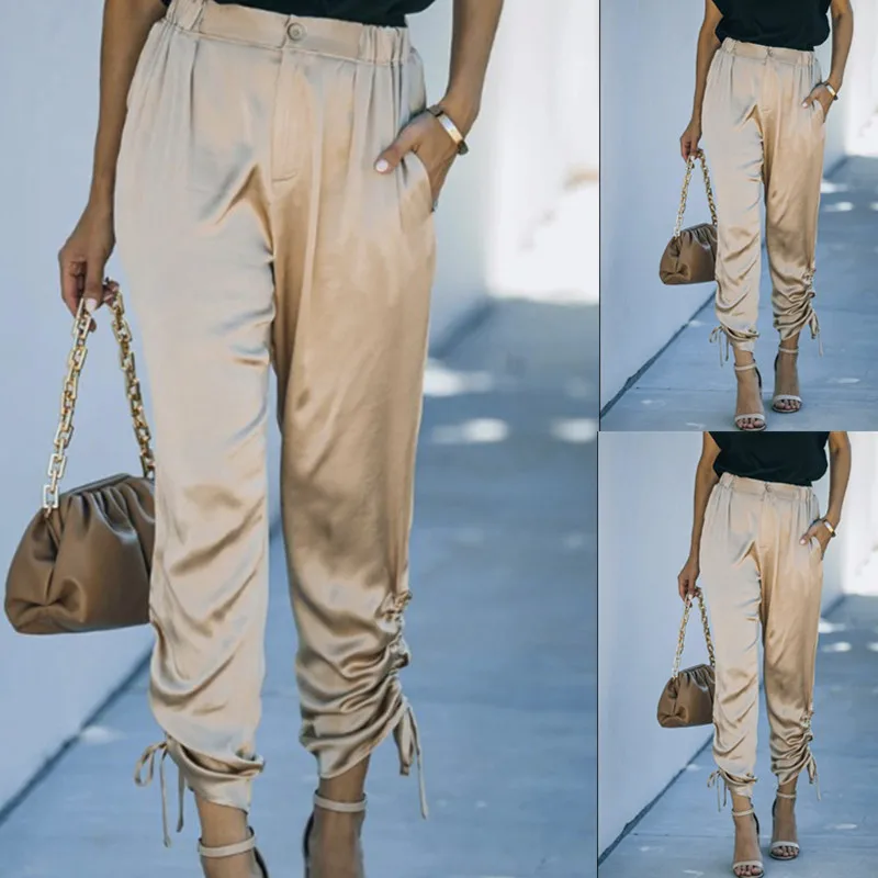 

Mandylandy Long Pants Summer Button High Waist Pocket Straight-Leg Pants Women's Casual Solid Color Pleated Lace-up Trousers