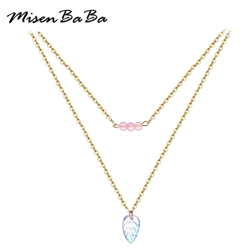 

Двухслойная цепочка из нержавеющей стали, кулон в виде листьев с кристаллами, ожерелье для женщин и девушек, новые модные ювелирные изделия