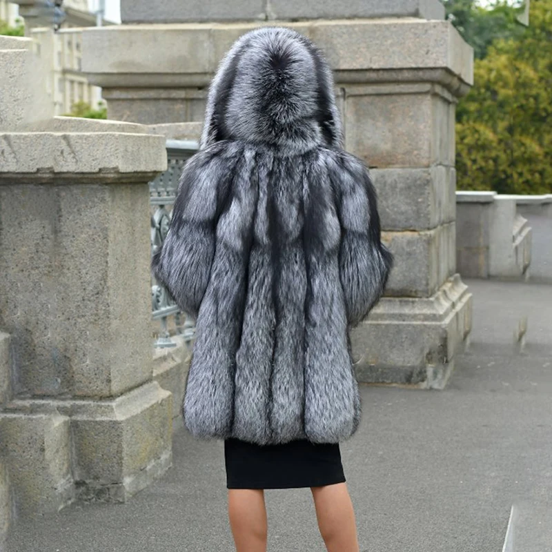 Fashion Medium Length Real Fox Fur Coat With Hood Thick Warm Natural Whole Skin Genuine Silver Fox Fur Coat Trendy Woman Outwear