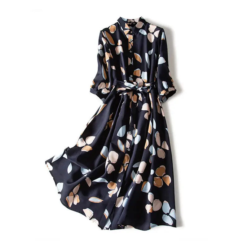 

Chiffon print dress women retro waist three-quarter sleeve shirt dress loose piece bohemian dress