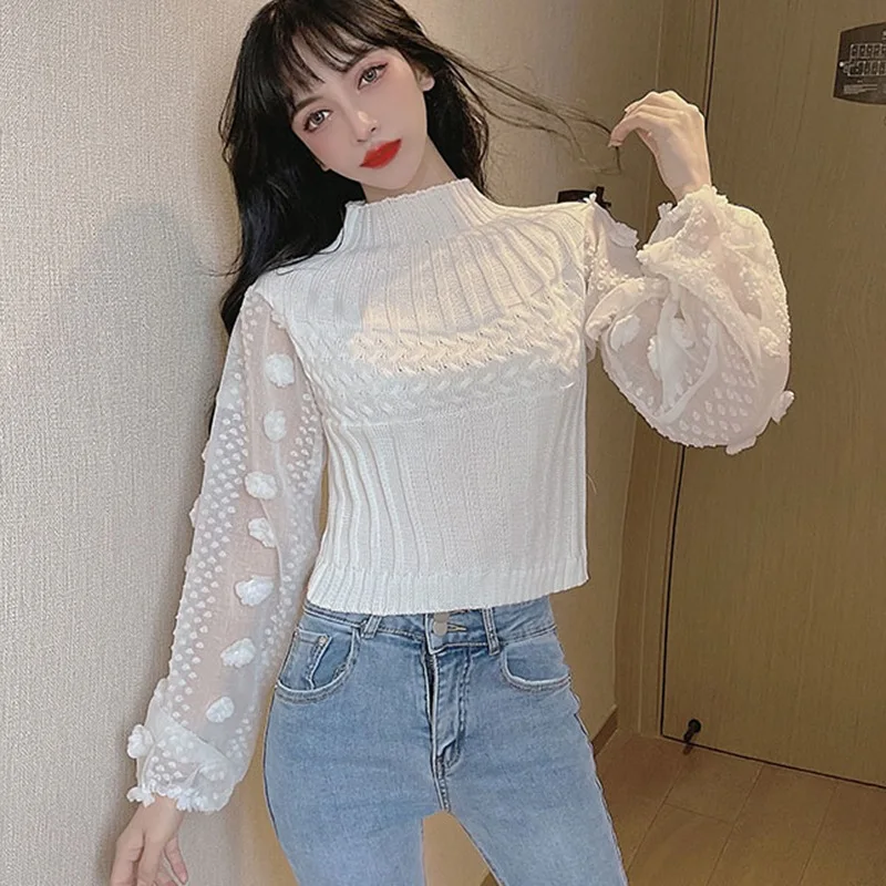 

Super Fairy Bubble Sleeve Stitching Crew Neck Tight Slim Mesh Short Women's Sweater T-shirt