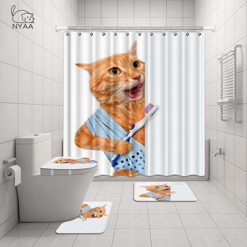 NYAA 4 шт. Британский короткошерстный кошачий душ занавеска пьедестал ковер крышка туалет коврик для ванной коврик набор для декора ванной комнаты - Цвет: NY5266